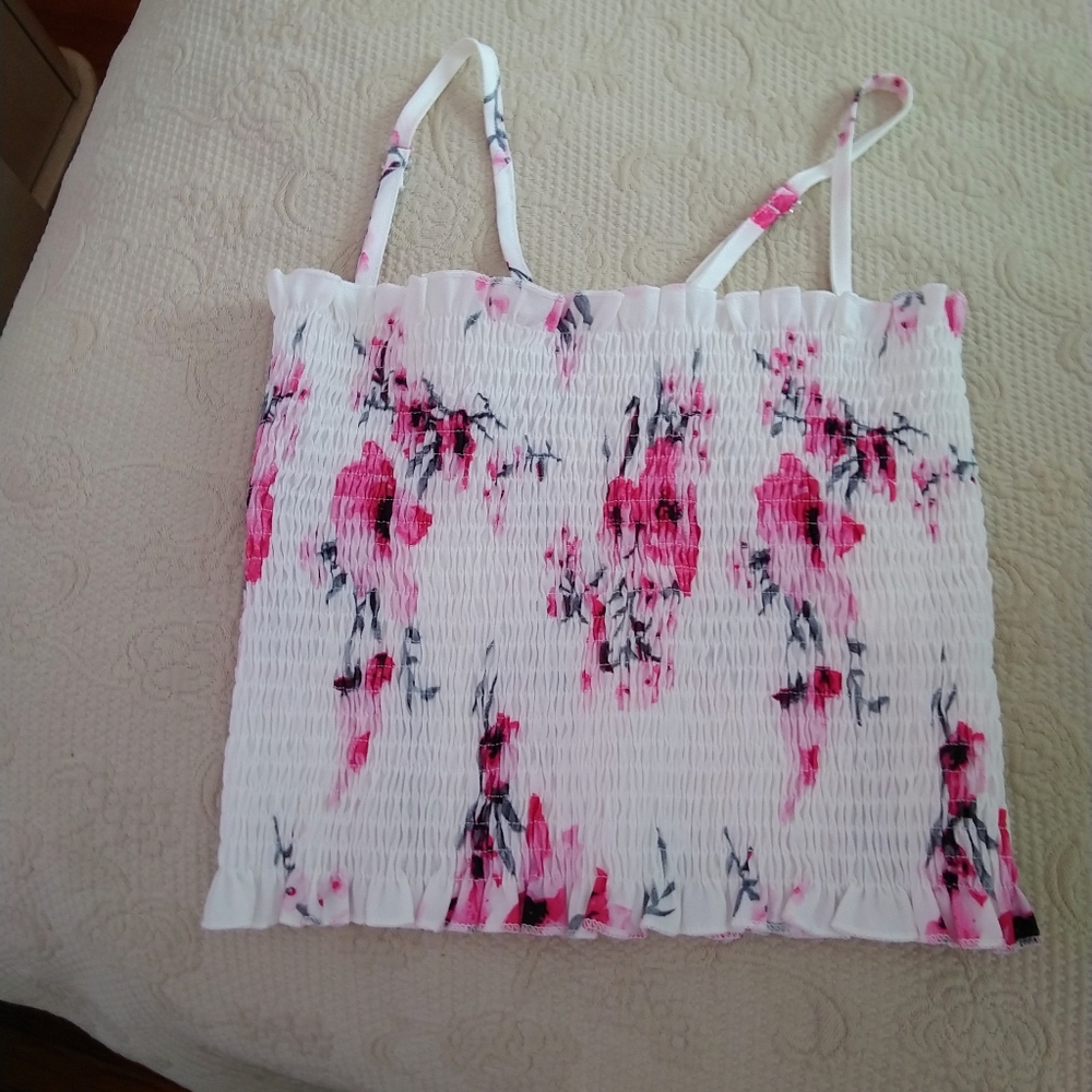 Floral Smocked Ruffle Spaghetti Strap Crop Top